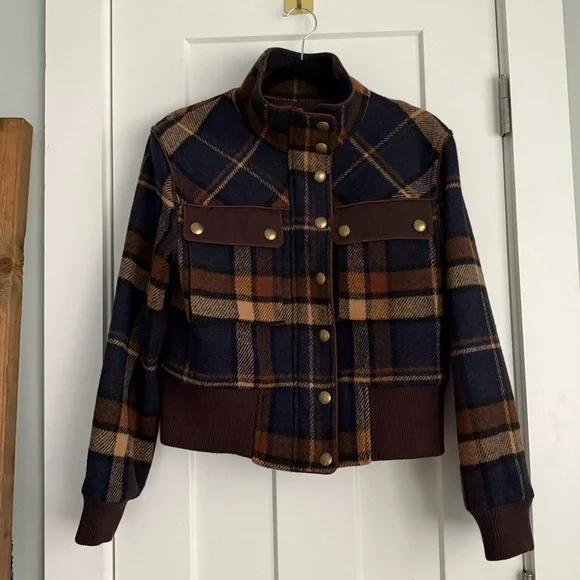 Veronica Beard Jadis Plaid Snap Button Wool Blend Bomber Jacket - Picture 3 of 11